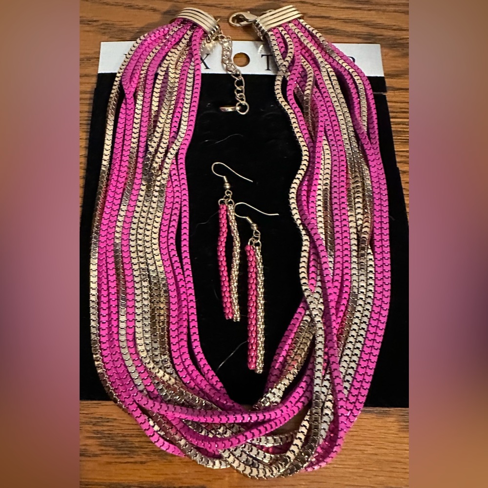 Pink and Gold Multi-Strand Metal Box Chain Necklace and Earring Set